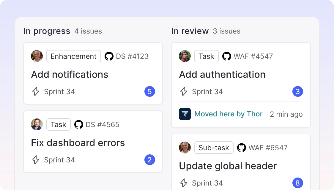 A Zenhub board with In progress and In review columns of issue cards, including 'Add authentication' with a note that Thor moved it there 2 minutes ago.