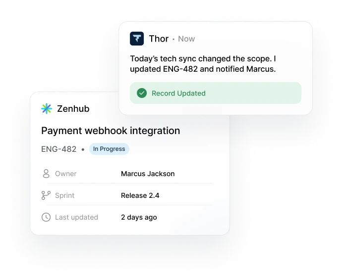 Thor tells the team a ticket is no longer relevant after the tech sync meeting and closes it, while the Zenhub card for 'Remove legacy bulk import flow' shows ticket ENG-482 and PR #456 shipped and the standup meeting completed.