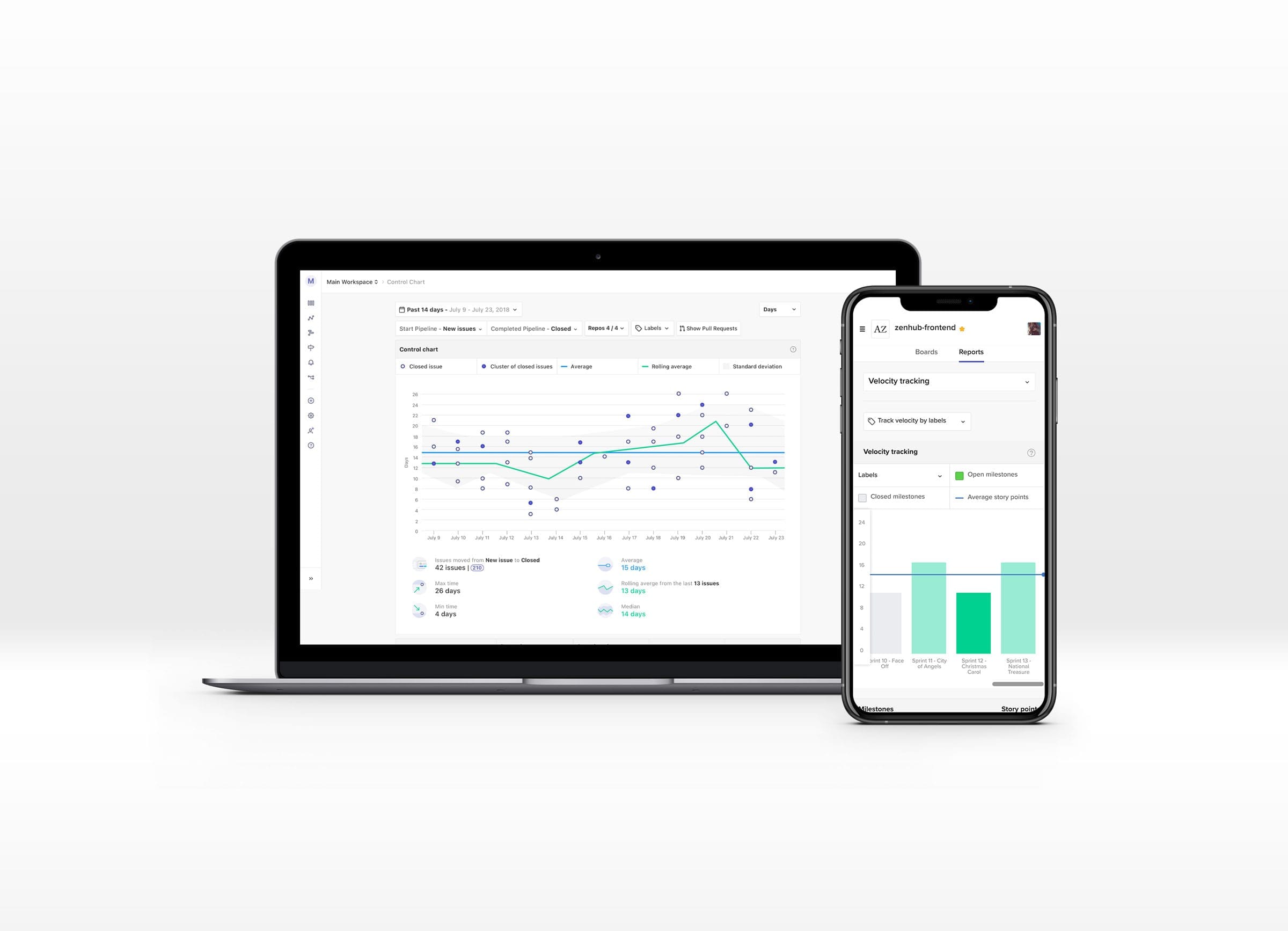 Zenhub control chart and velocity view on a laptop