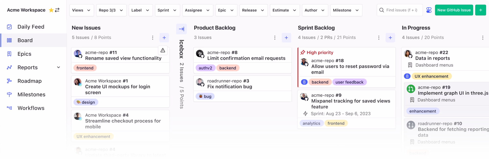 The Zenhub board with issues across New Issues, Product Backlog, Sprint Backlog and In Progress
