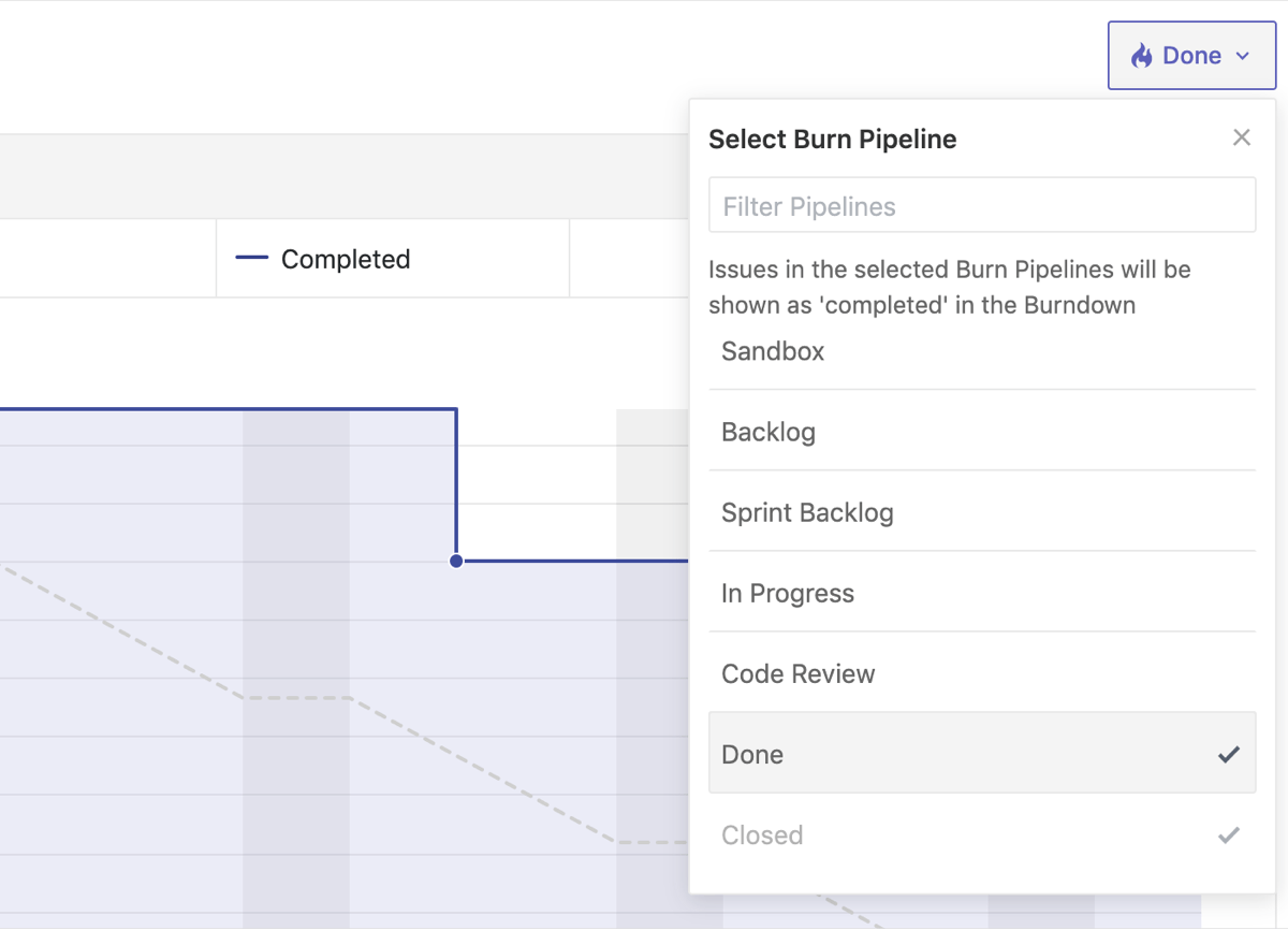 Burn pipelines used as filters within a burndown chart in ZenHub