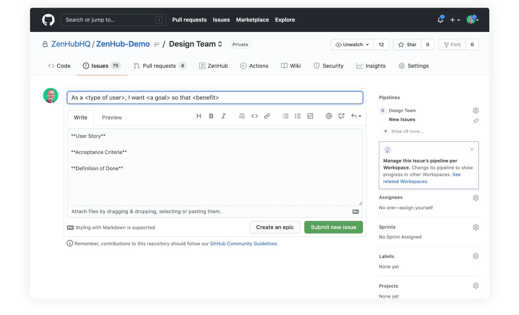 github issues management for a design project