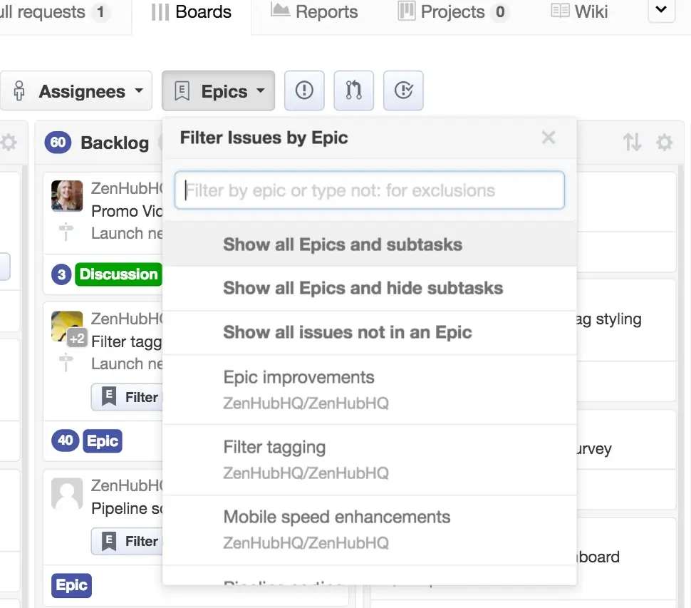 filter options for tracking epics in ZenHub