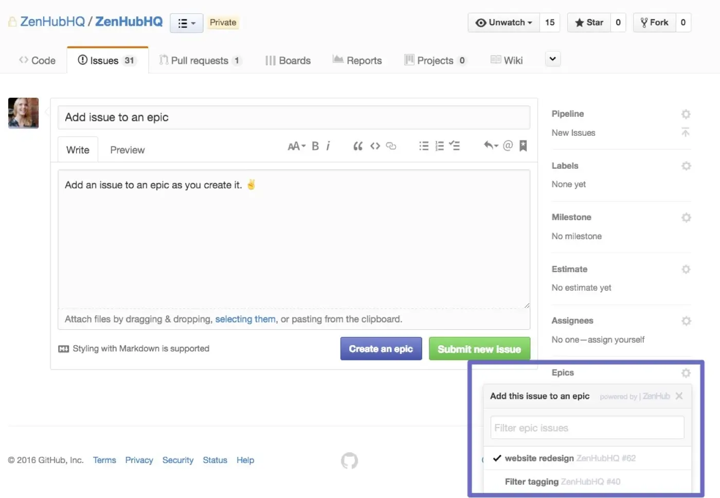 adding an issue directly to an epic
