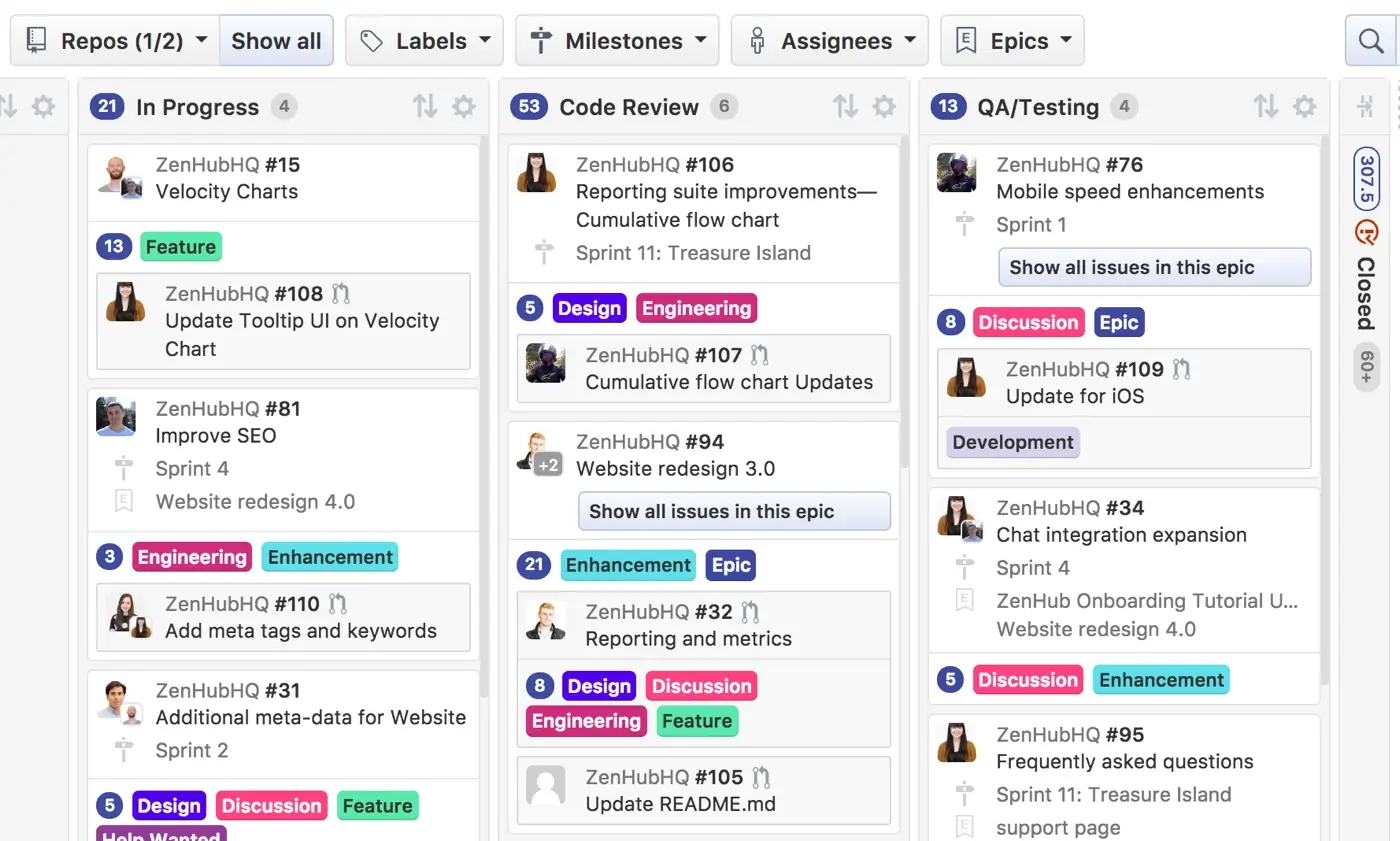 three-column Kanban board created with Zenhub