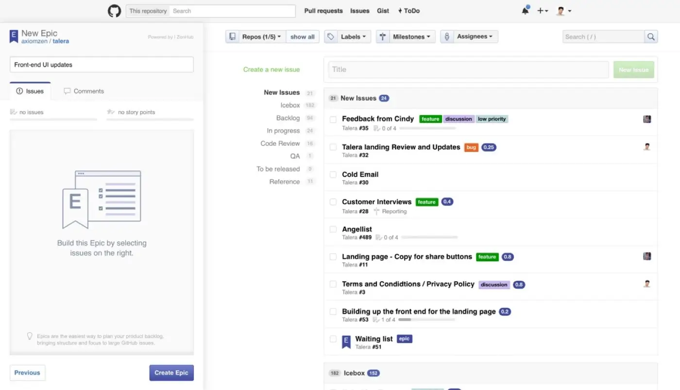 creating epics inside GitHub