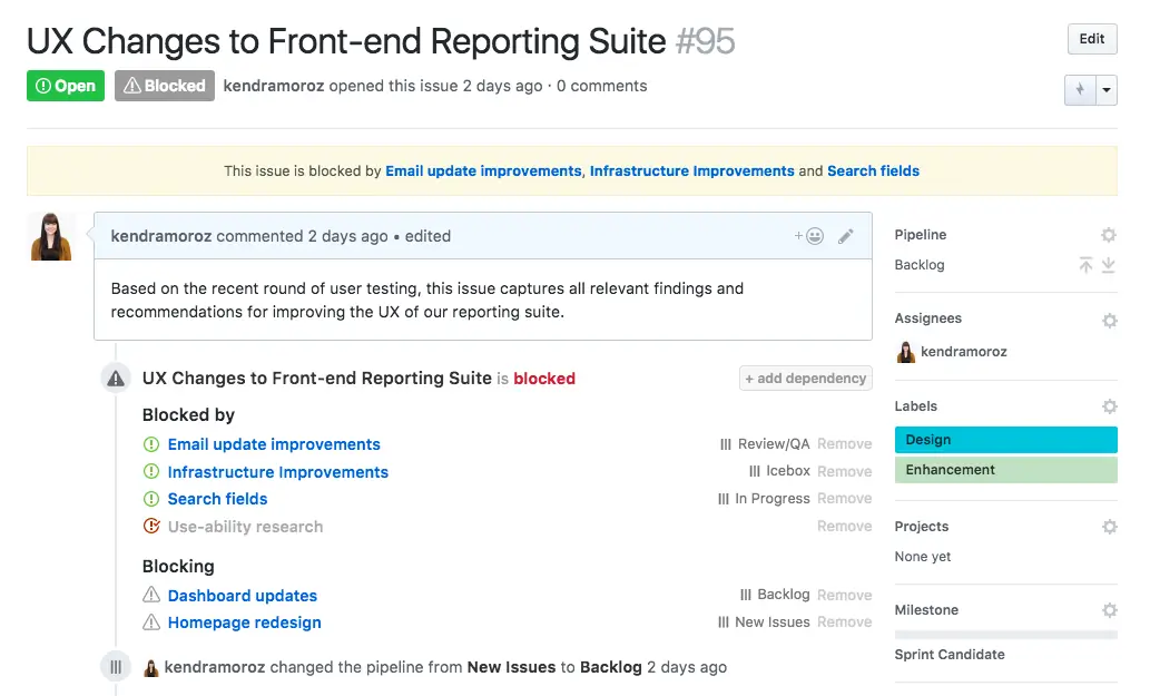 different ZenHub issue dependencies visualized on a project