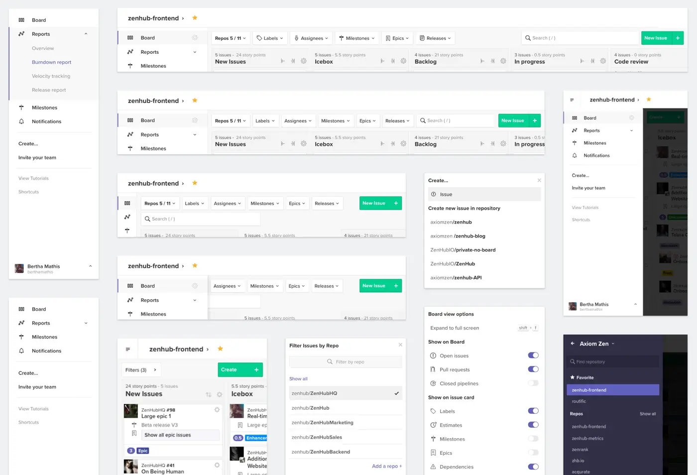 multiple examples of ZenHub's new UI