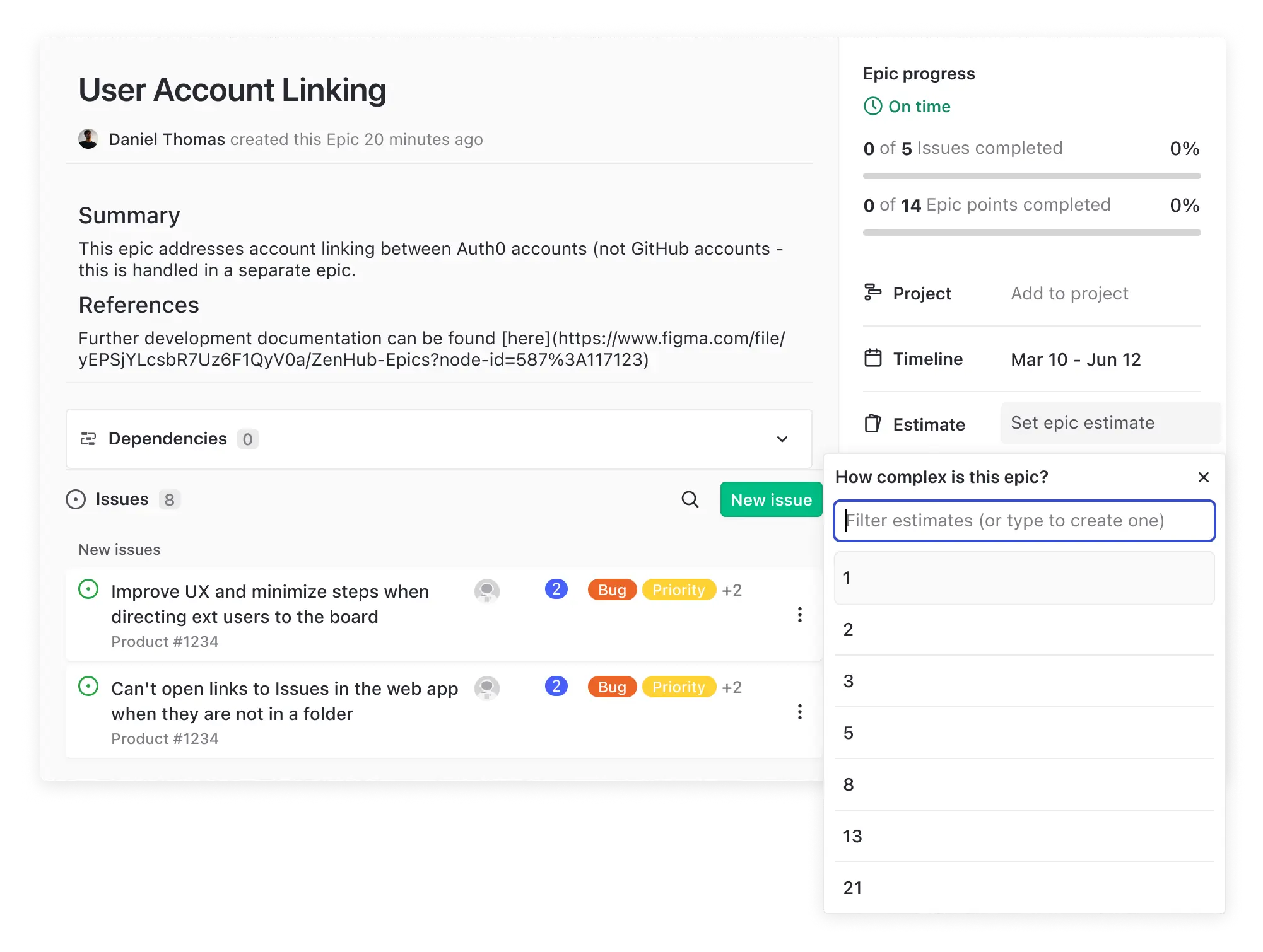 Zenhub's user interface showing how to story point