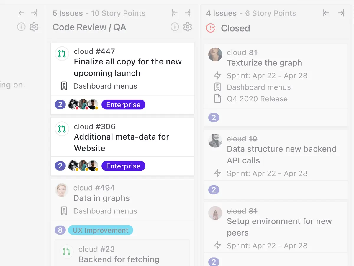 pull request cards in a ZenHub Kanban board