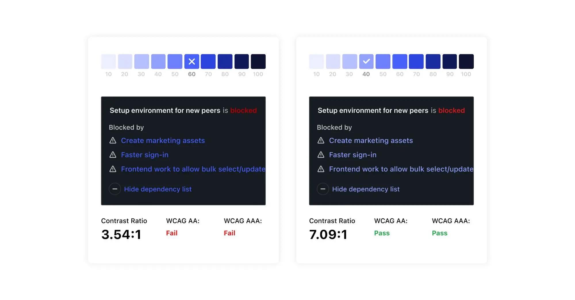 Image showing that a less saturated blue works better for text on a dark background