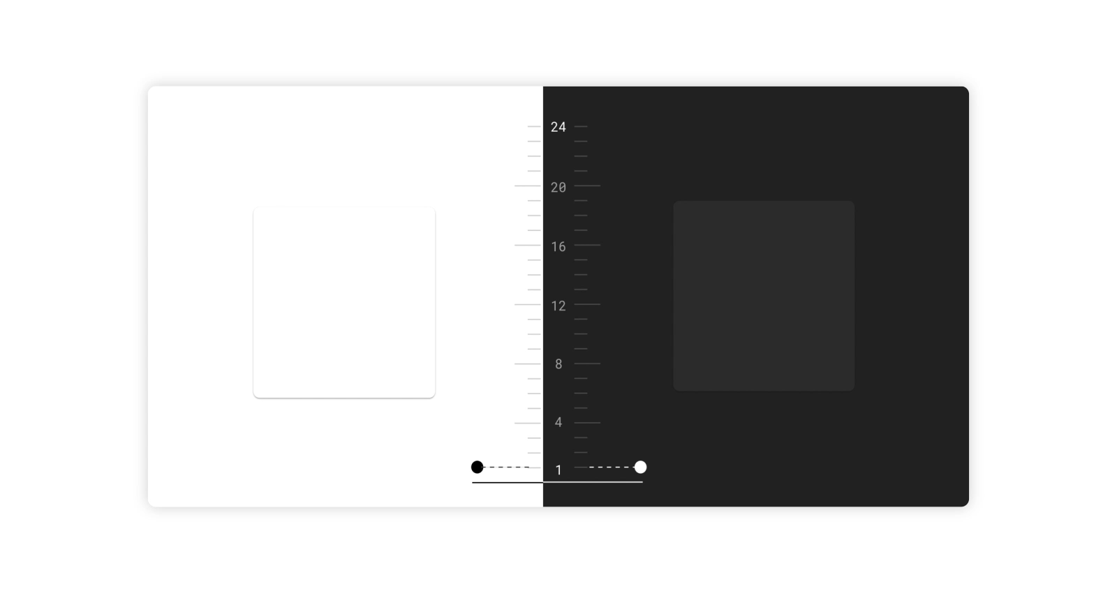 GIF illustrating the difference between using shadows in light mode, and shade in dark mode to show elevation