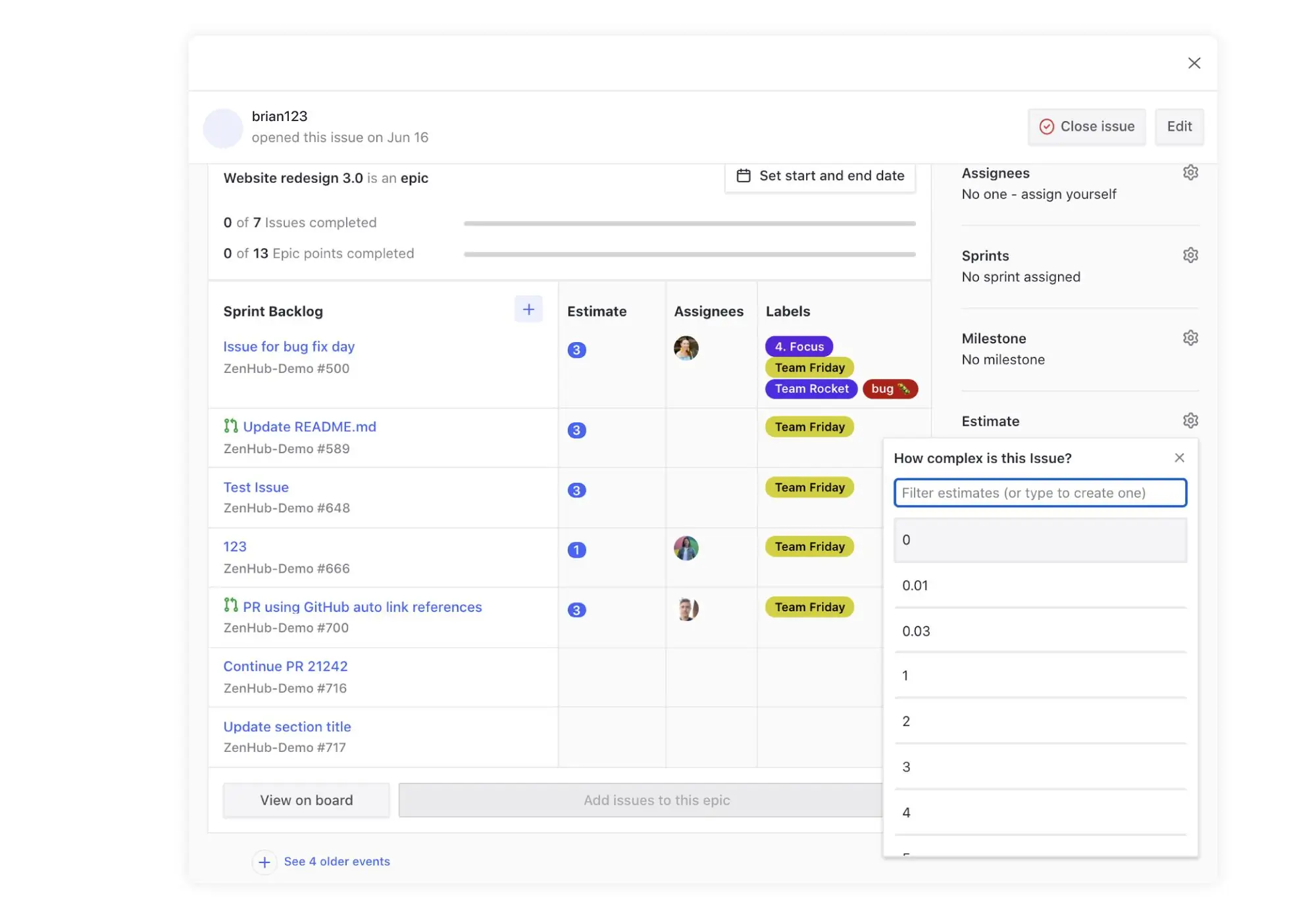 Story pointing in ZenHub