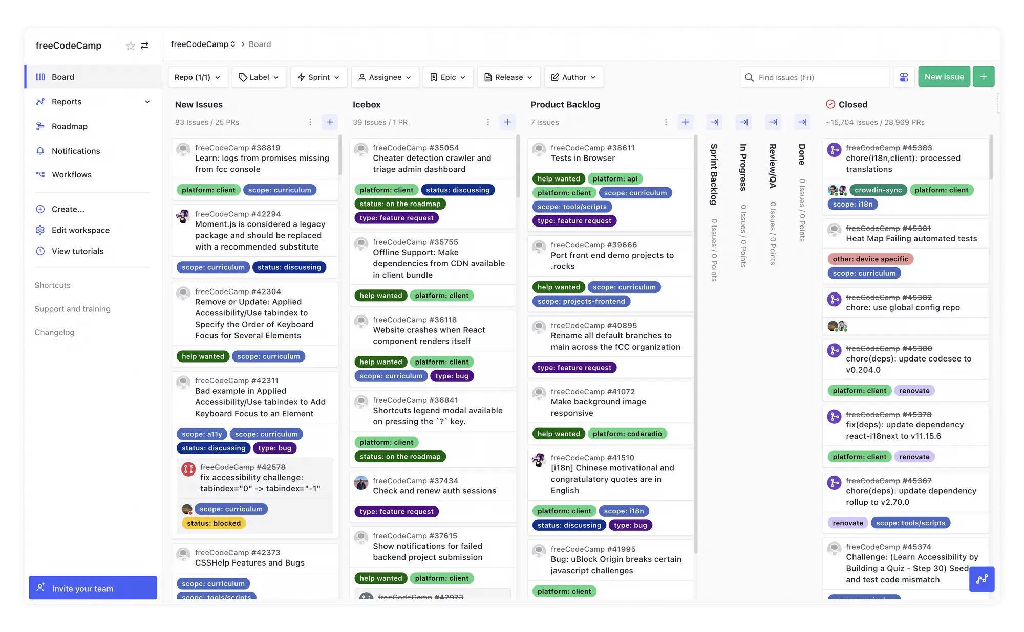 Image of freeCodeCamp's board