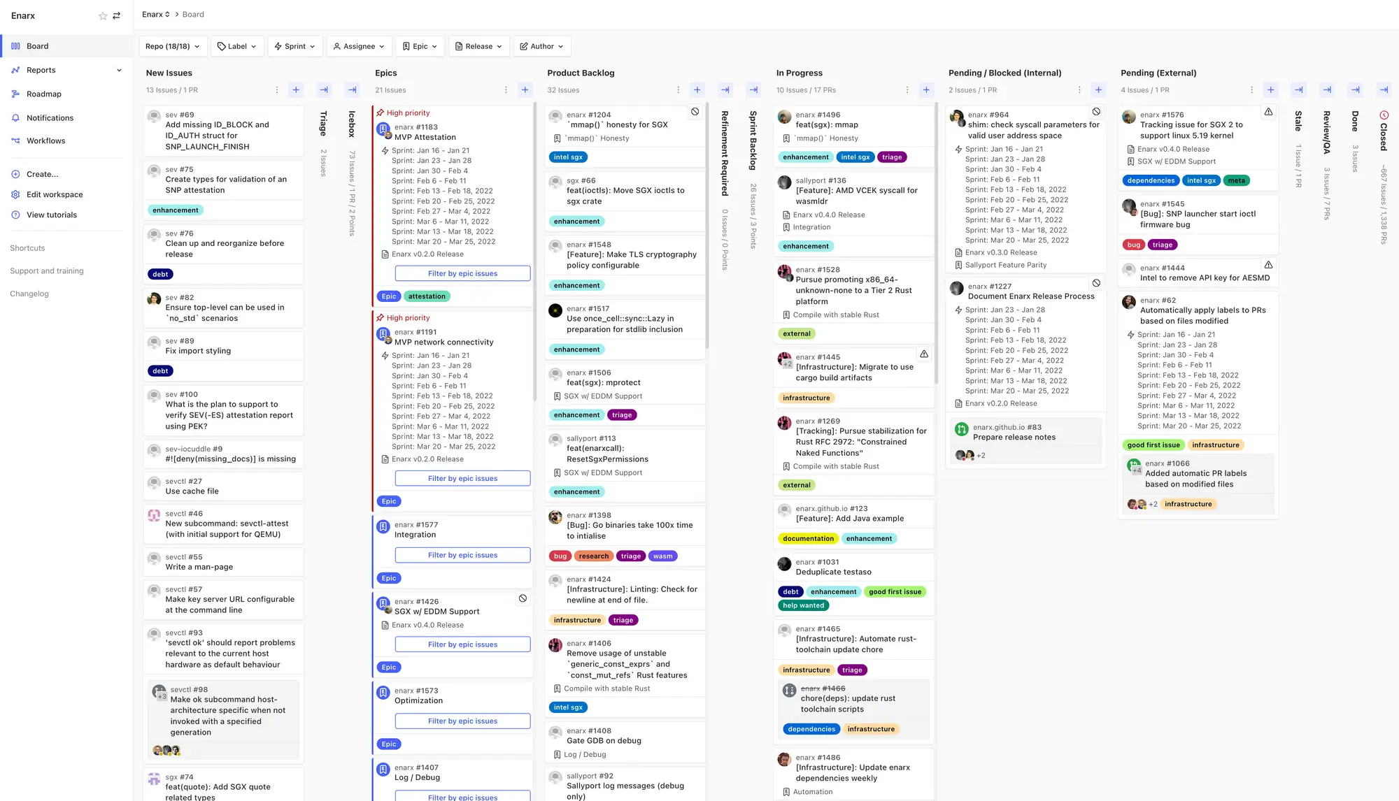 Enarx's ZenHub Board with custom pipelines