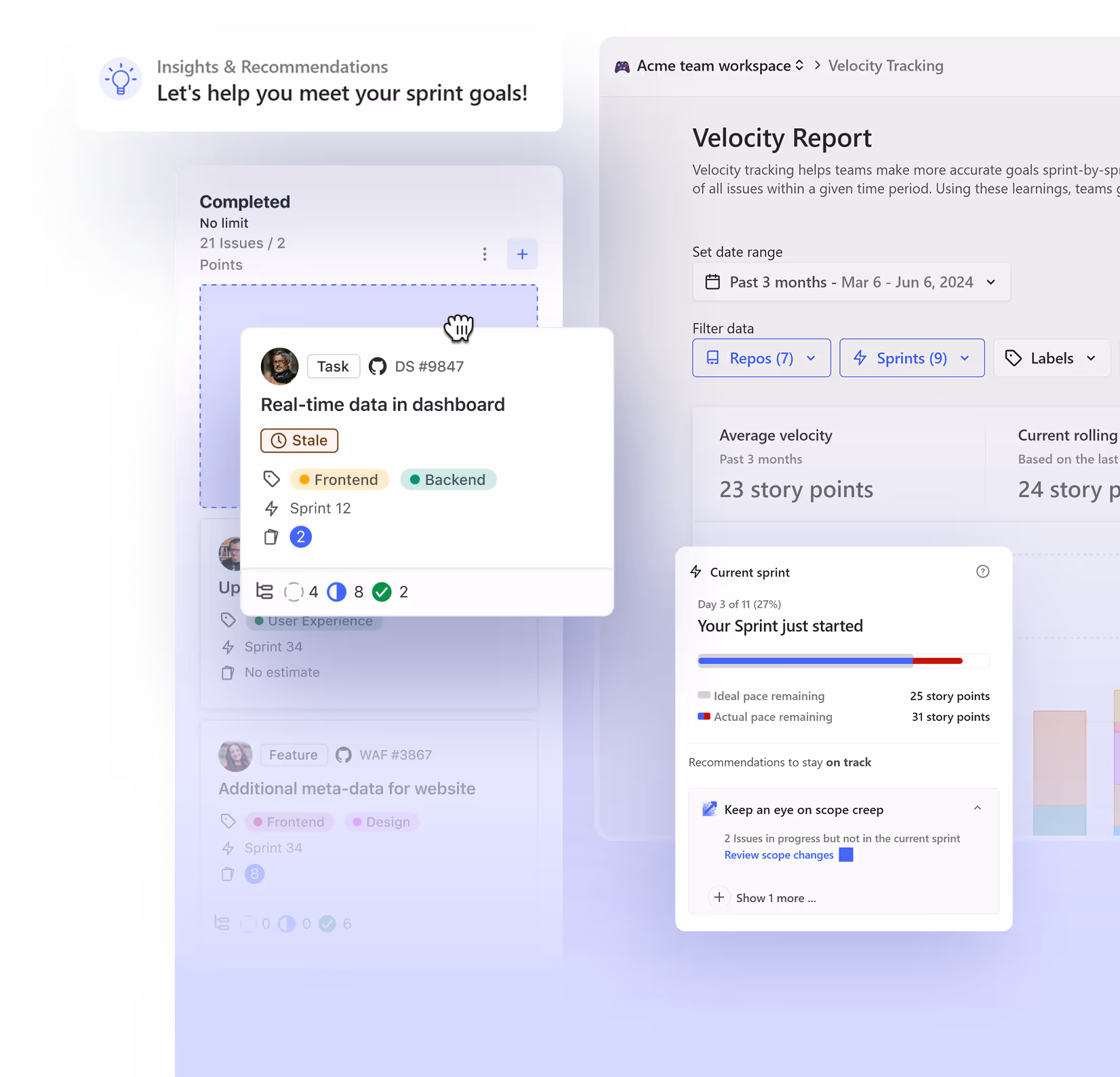 A screenshot of the Zenhub workspace showing boards, sprints and AI assistance inside GitHub