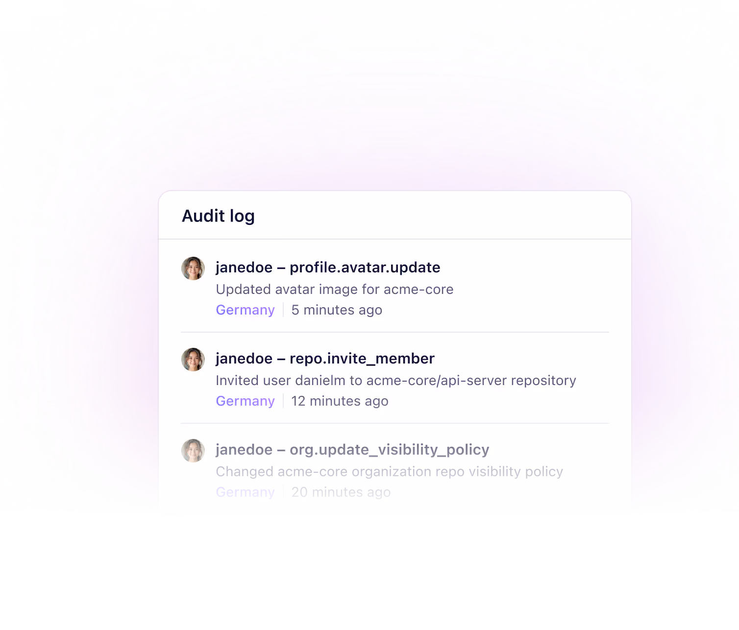 An audit log listing recent workspace activity.